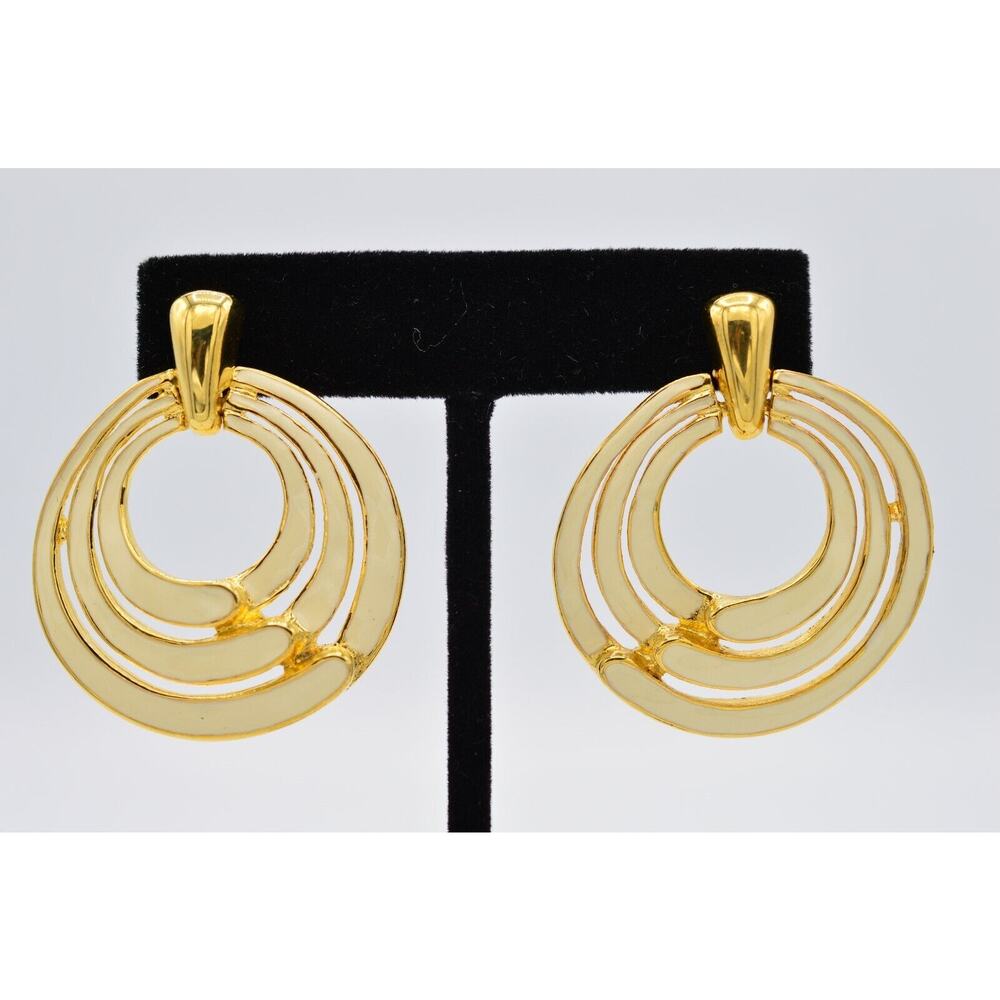 TAT Vintage Earrings Cream Enamel Gold Door Knocker Statement Signed 1980s 9E